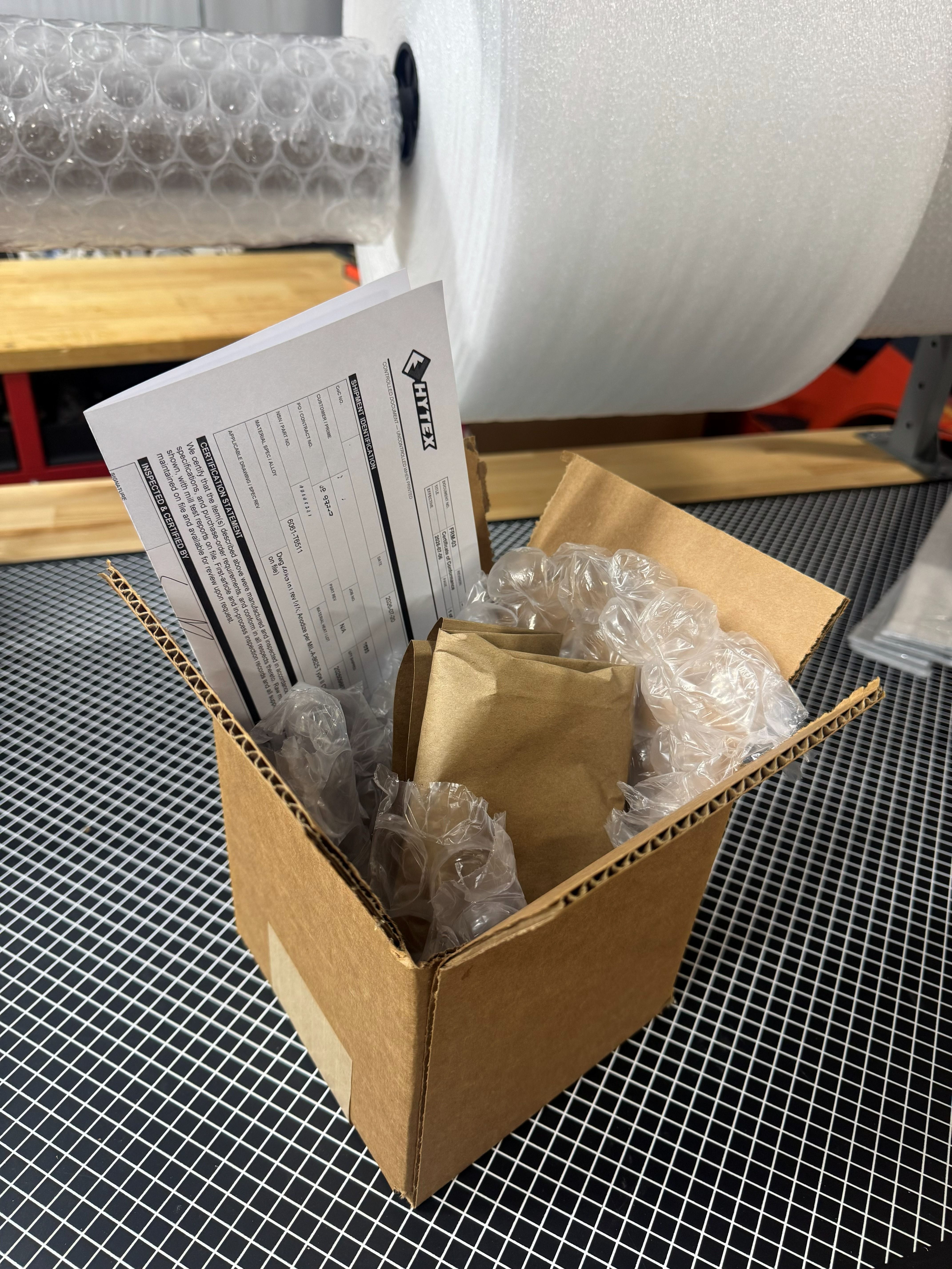 Finished parts packed for delivery with paperwork